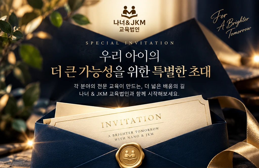 나너 JKM 교육법인 금색 초대장이 담긴 네이비 봉투와 특별 초대 문구